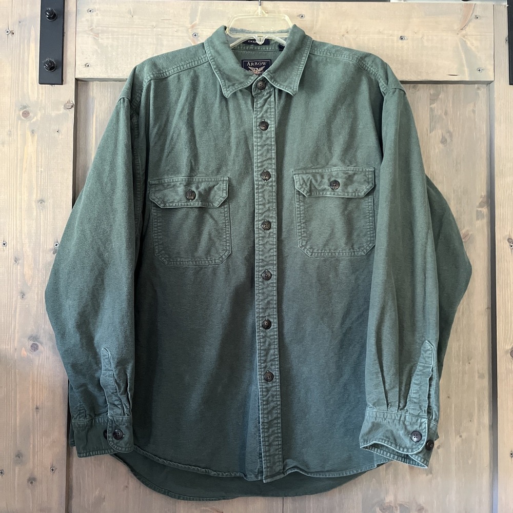 Vintage Arrow Workwear Chamois Men's Shirt Solid Green Button Up Pockets Sz XL